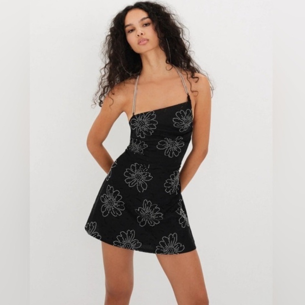 FOR LOVE & LEMONS black floral crystal embellished PAMELA mini dress